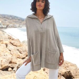 Barefoot Dreams CozyChic Lite Half-Zip Rolled Edge Tunic SZ XXS/XS Dark Khaki